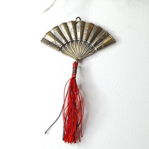 Vintage Gold Tone Brass Hand Fan with Silk Red & Black Thread Dangle Pendant